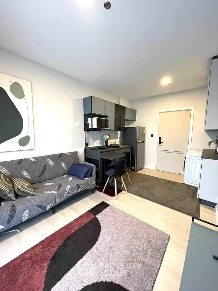 Modern compact living room with stylish kitchen and cozy decor