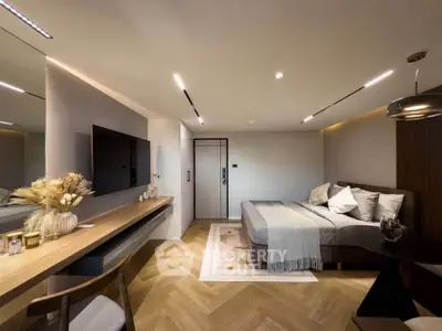 Luxurious modern bedroom with elegant decor and ambient lighting