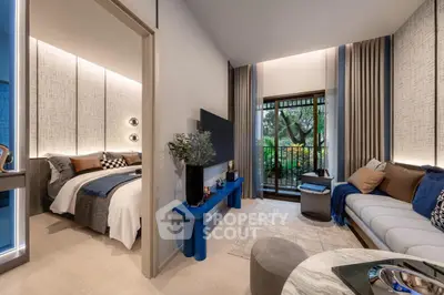Modern living room with elegant decor and cozy bedroom view, featuring a stylish balcony.