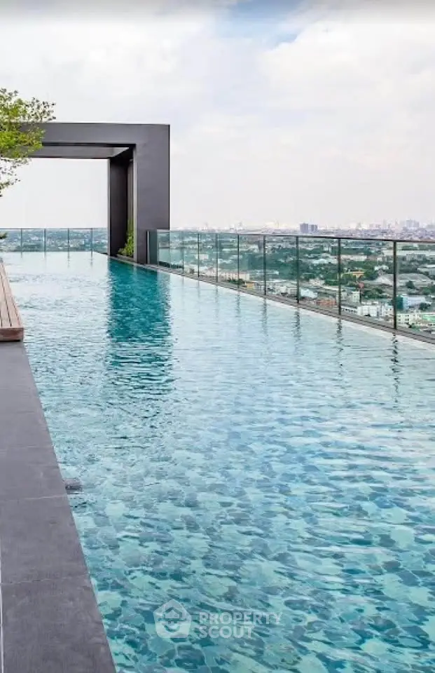 Luxurious rooftop infinity pool with stunning city skyline view, perfect for relaxation and leisure.