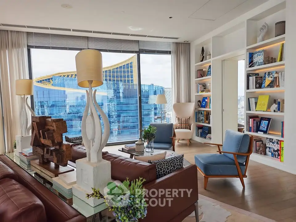 Luxurious modern living room with stunning city view and elegant decor
