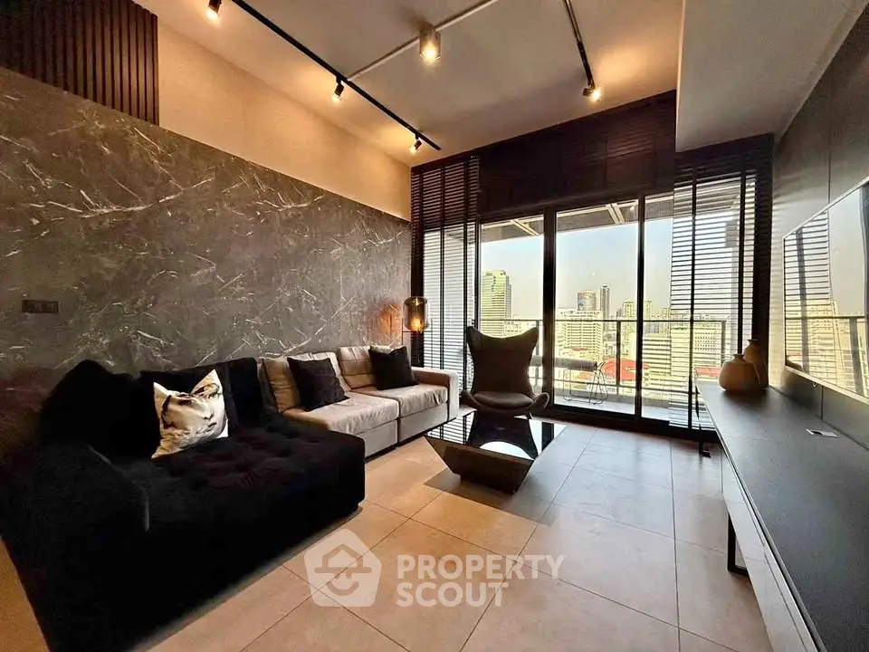 Luxurious modern living room with city view and stylish decor