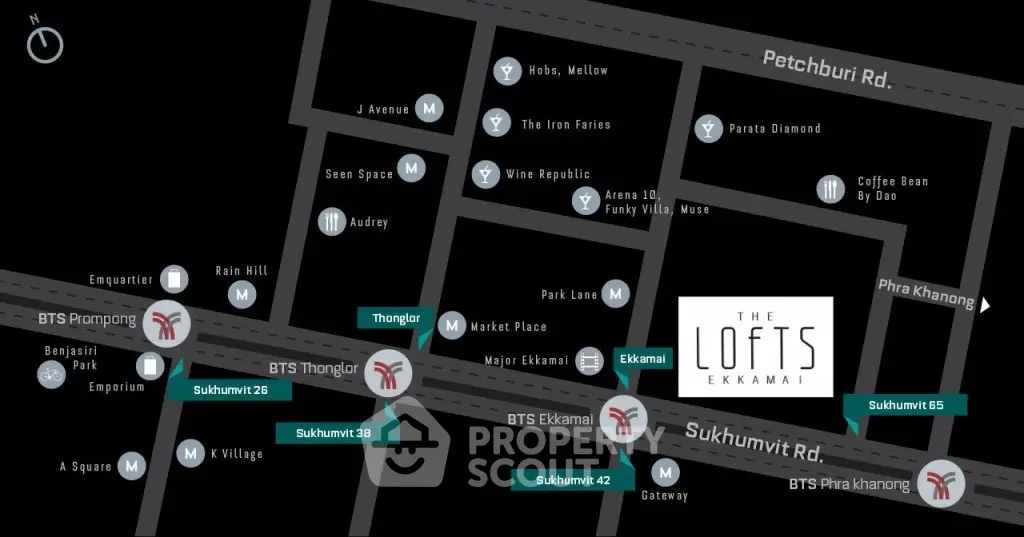 Map showing The Lofts Ekkamai location near BTS stations and amenities.