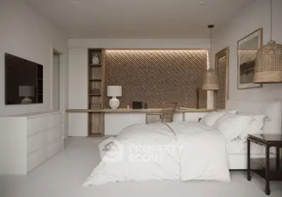 Luxurious bedroom with modern decor and stylish workspace, featuring elegant lighting and cozy bedding.