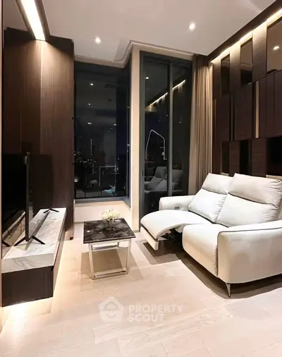 Luxurious modern living room with city view, sleek furniture, and ambient lighting.