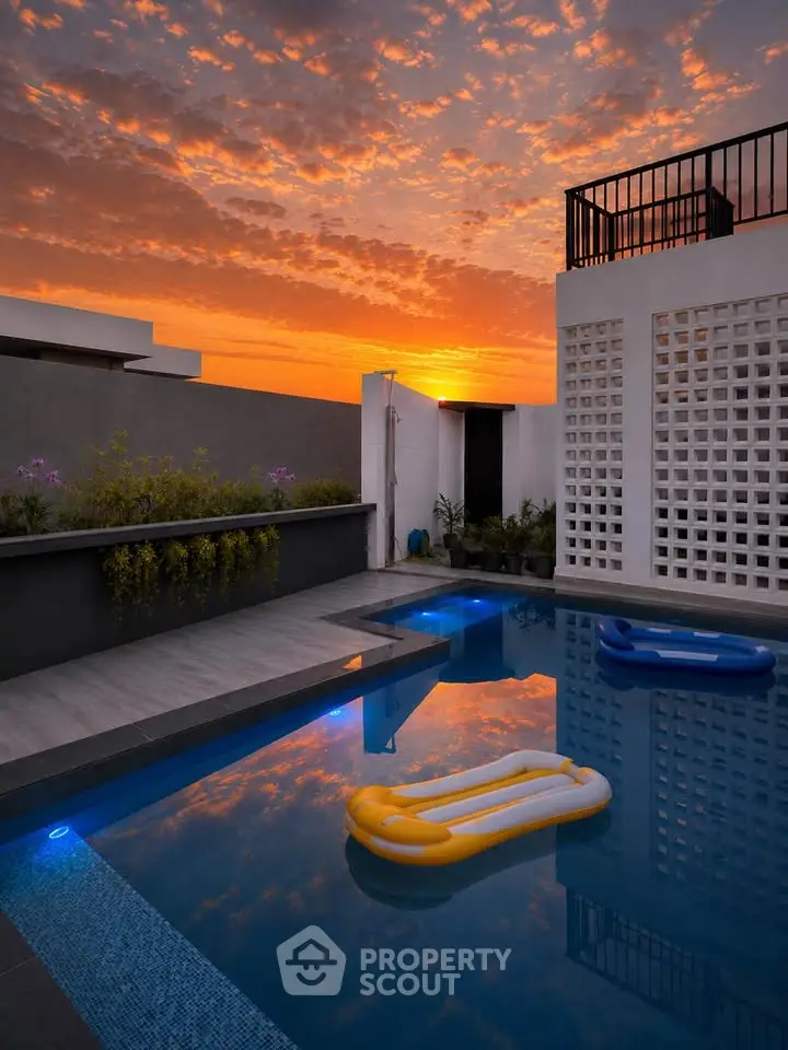 Stunning rooftop pool with sunset view and modern design, perfect for luxury living.