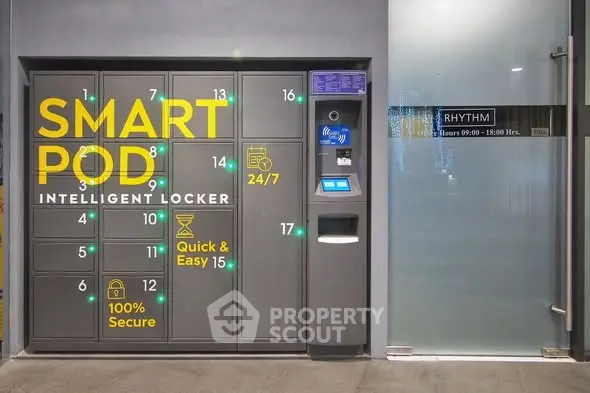 Modern smart locker system in a sleek building entrance