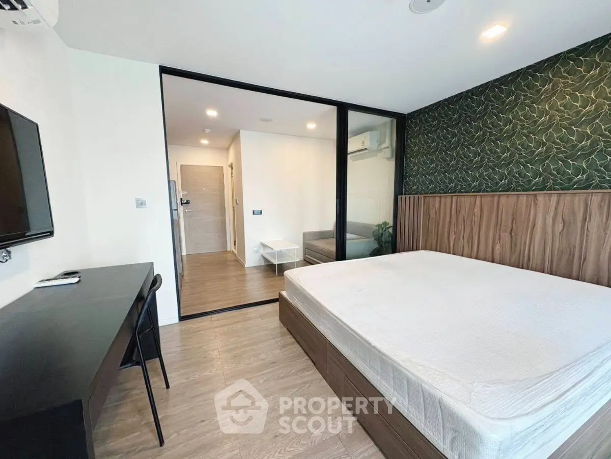 Modern bedroom with stylish decor and large bed in a contemporary apartment