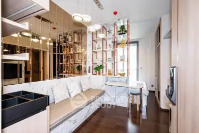Modern living room with elegant marble accents and stylish shelving