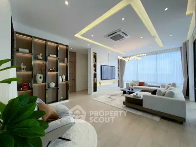 Luxurious modern living room with elegant decor and ambient lighting