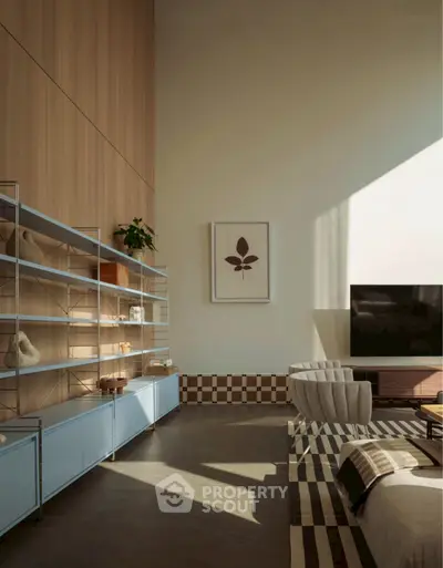 Modern living room with high ceilings, stylish shelving, and elegant decor in natural light.