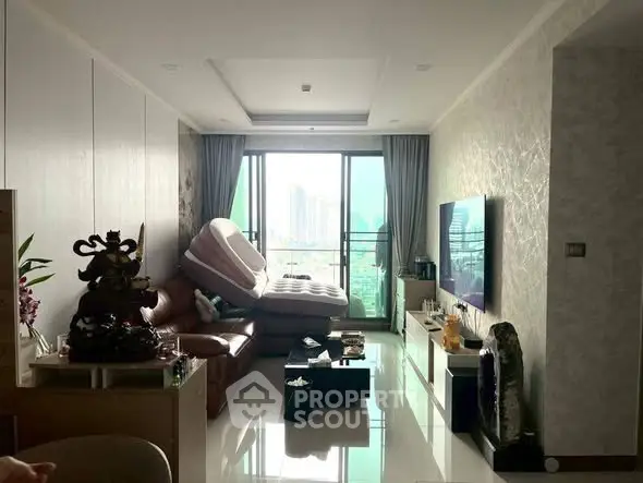 Spacious living room with city view and modern decor