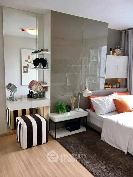 Stylish bedroom with modern decor and cozy ambiance