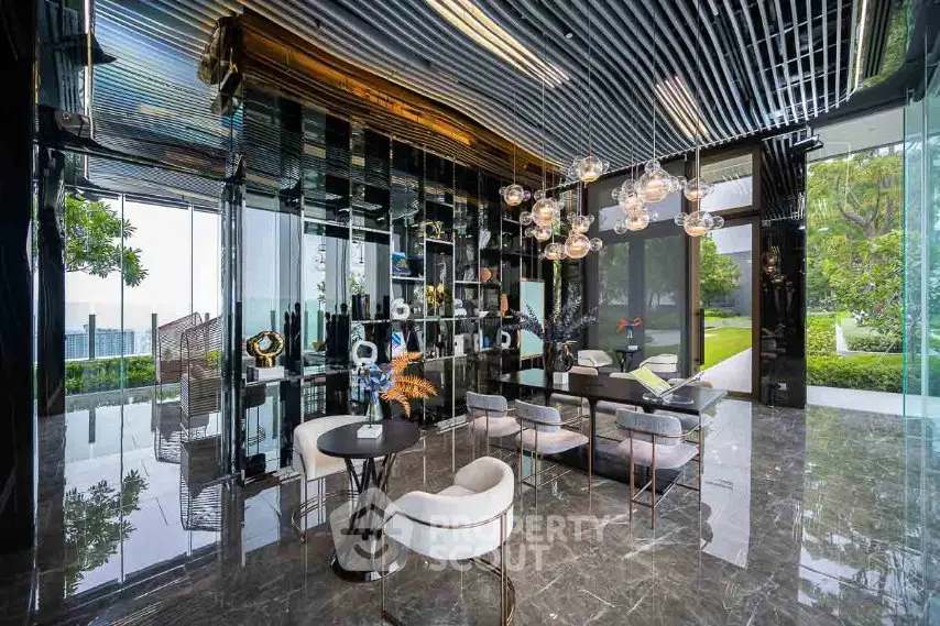 Luxurious modern living room with floor-to-ceiling windows and elegant decor