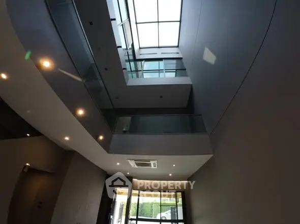 Modern building entrance with skylight and glass railings