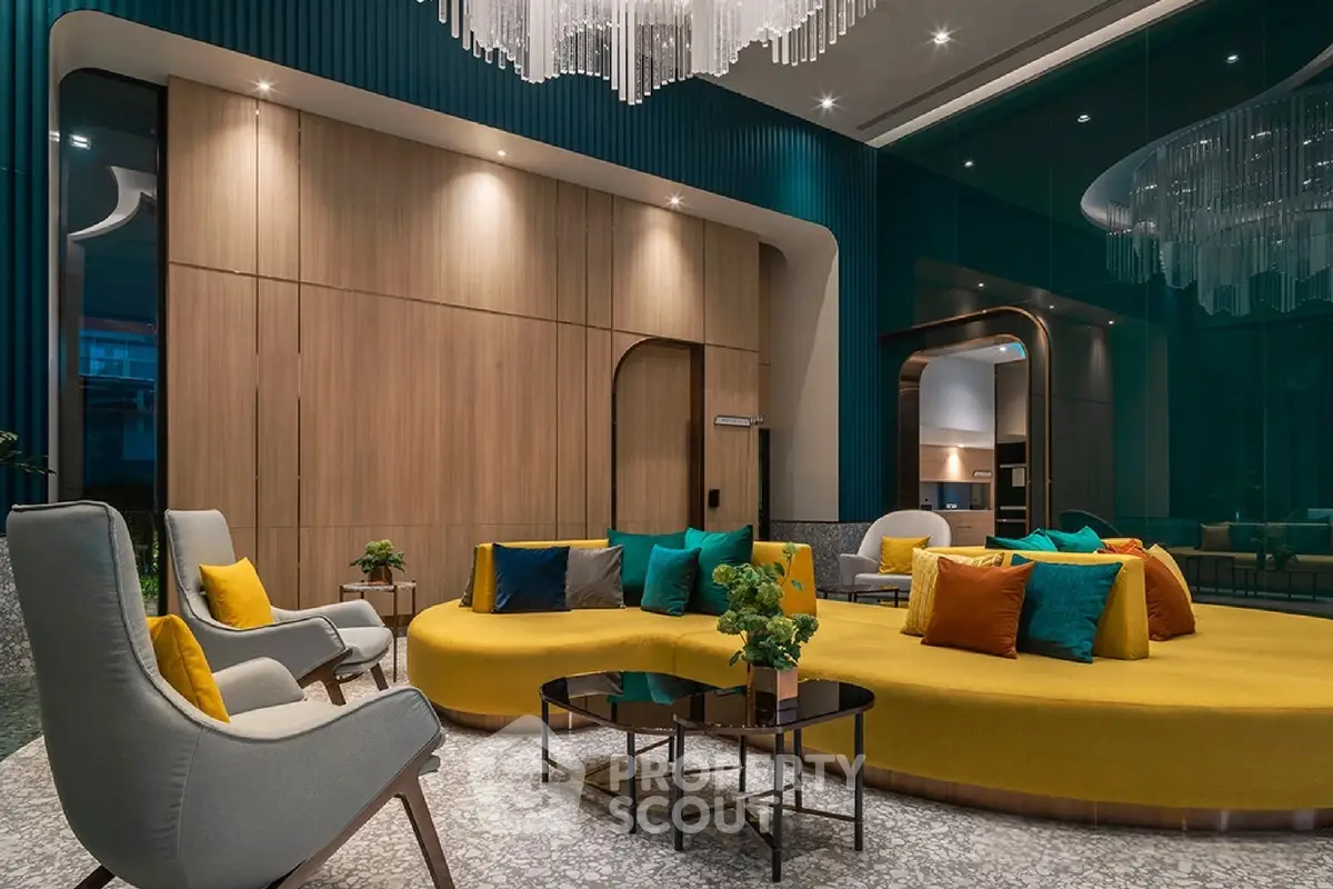 Luxurious modern living room with vibrant decor and elegant lighting