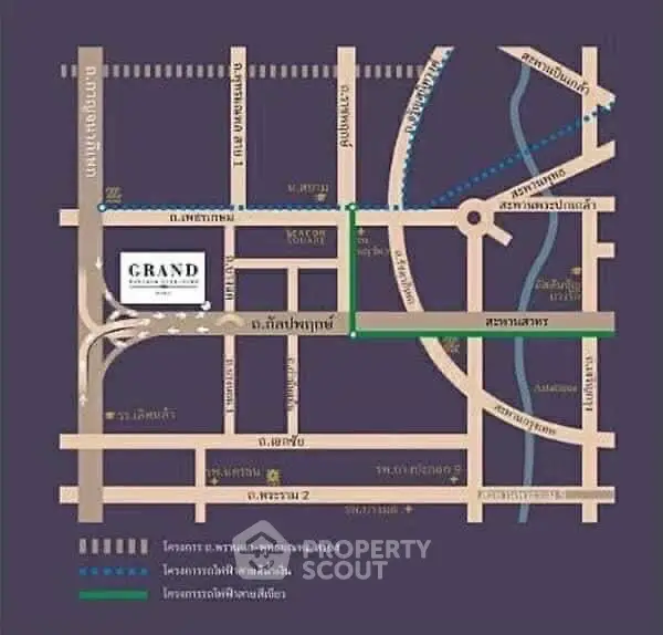 Map showing location of Grand real estate project with nearby roads and landmarks.