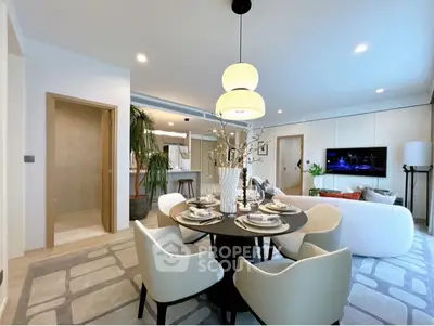 Elegant modern living room with dining area and stylish decor