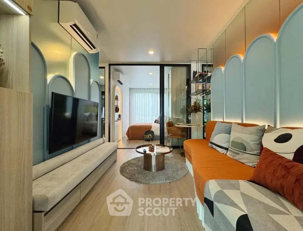 Modern living room with stylish decor and cozy seating area