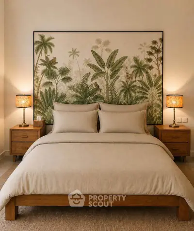 Luxurious bedroom with elegant decor and tropical-themed artwork, perfect for relaxation and comfort.