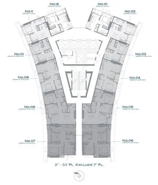 Architectural floor plan of a modern high-rise building with detailed unit layout.