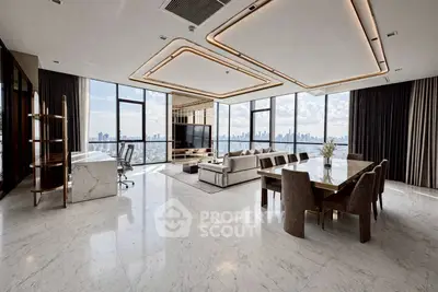 Luxurious modern living room with panoramic city views, elegant marble flooring, and stylish furniture.