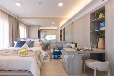 Luxurious modern bedroom with elegant decor and cozy dining area