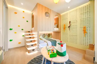 Modern children's bedroom with unique climbing wall and playful decor