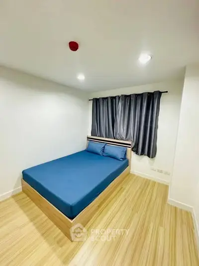 Modern minimalist bedroom with wooden flooring and blue bedding in a cozy apartment.