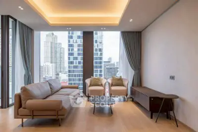 Luxurious modern living room with stunning city view and elegant furnishings.