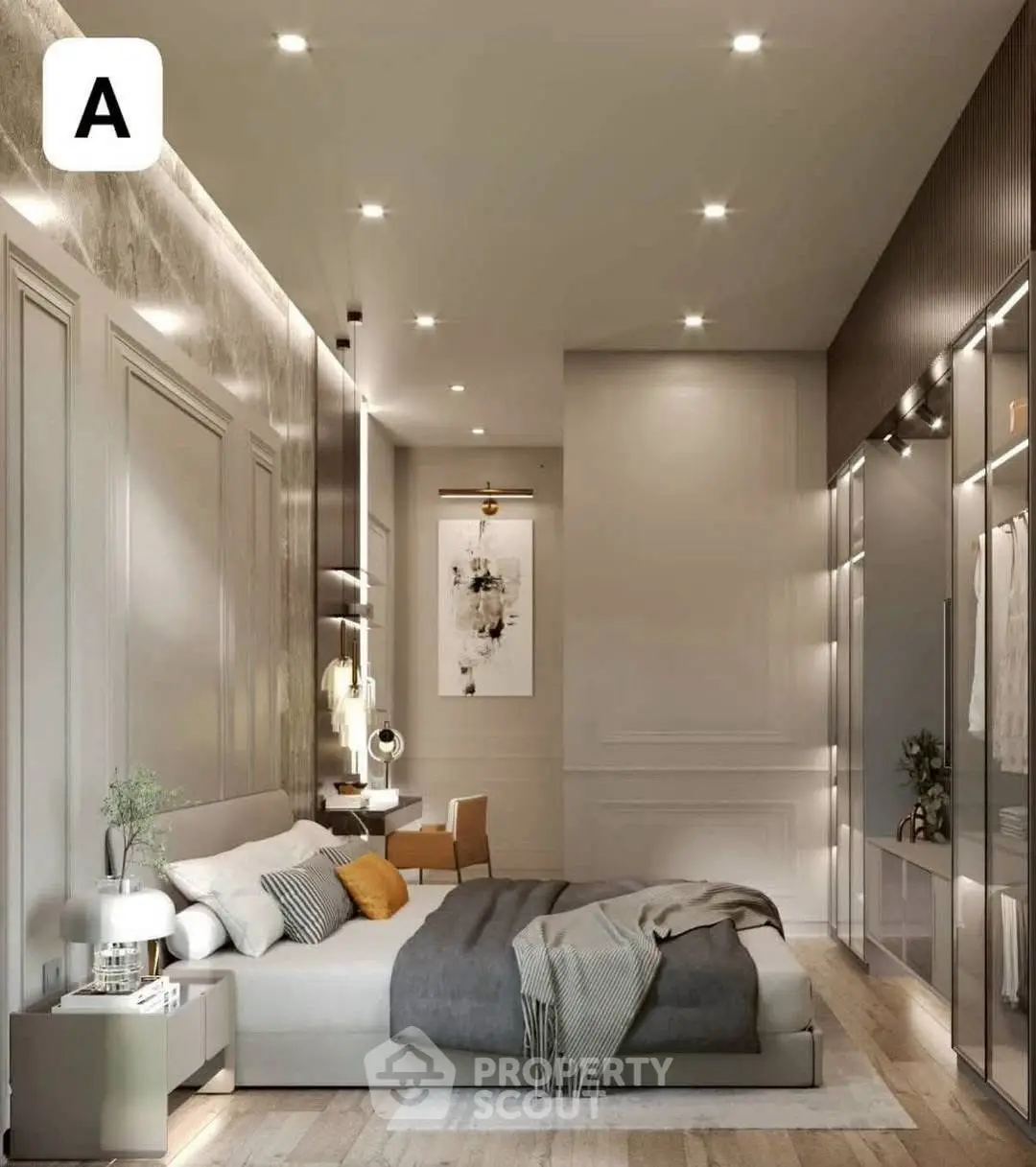 Luxurious modern bedroom with elegant decor and ambient lighting