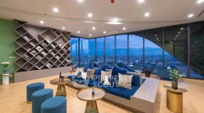 Luxurious modern living room with panoramic city view and stylish decor