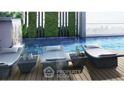 Luxurious rooftop pool with stylish loungers and city skyline view, perfect for relaxation and entertainment.