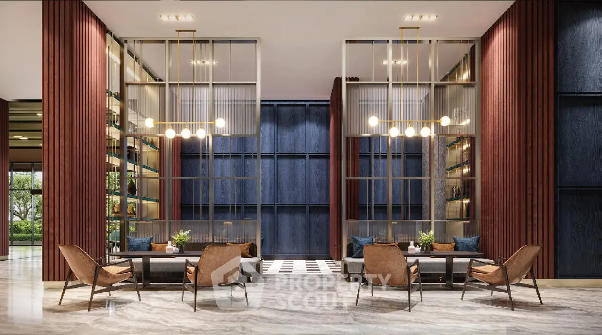 Luxurious modern lobby with elegant seating and stylish lighting in a high-end building.