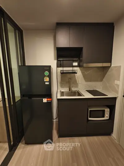 Modern compact kitchen with sleek black cabinets and appliances in a stylish apartment.