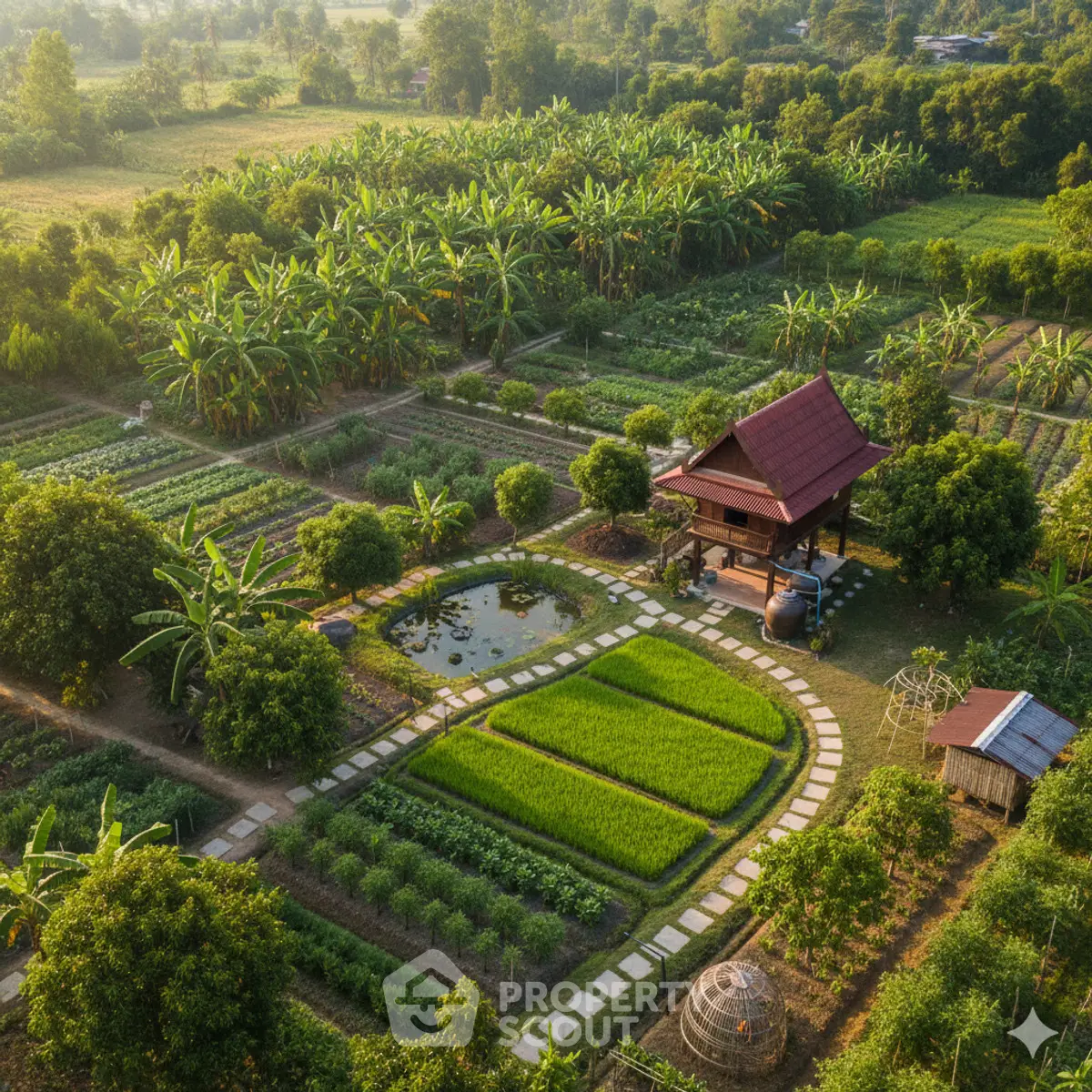 Stunning aerial view of a lush garden estate with traditional house and pond, perfect for serene living.