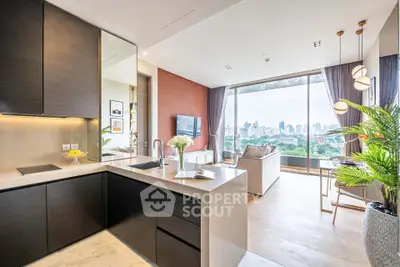 Luxurious open-layout kitchen and living room with stunning city view.