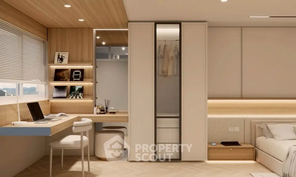 Modern bedroom with study area, sleek design, and ample natural light.