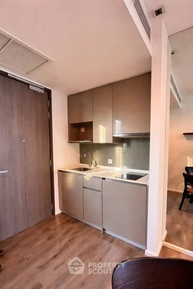 Modern compact kitchen with sleek cabinetry and induction cooktop in stylish apartment.