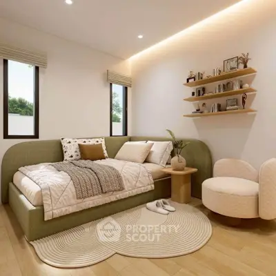 Cozy bedroom with modern decor and natural light, featuring a stylish bed and elegant shelving.