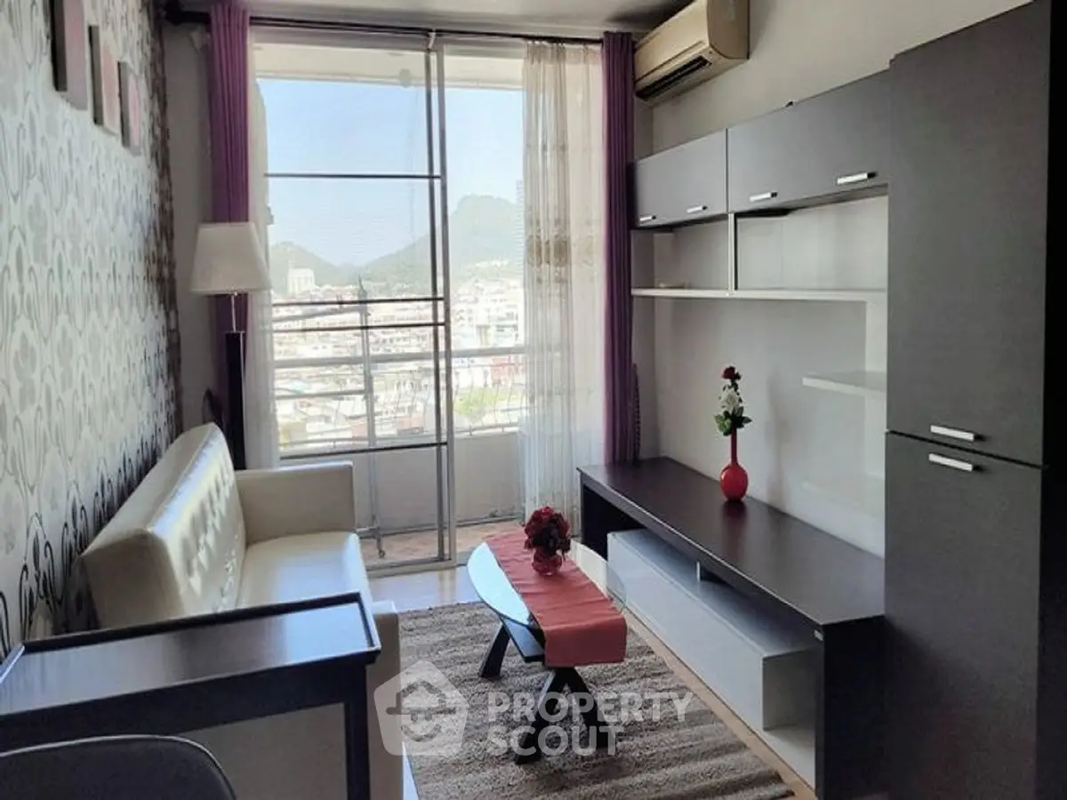 Modern living room with mountain view and stylish furniture