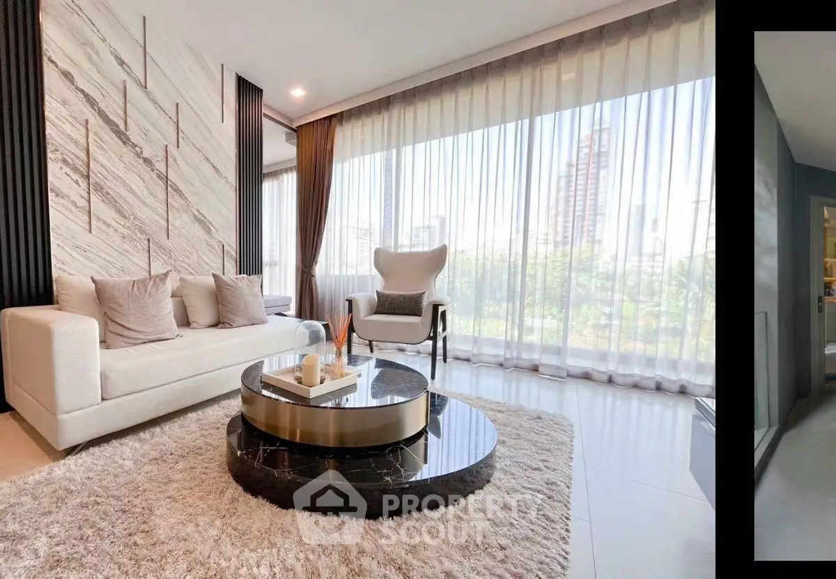 Luxurious living room with modern decor and panoramic city view