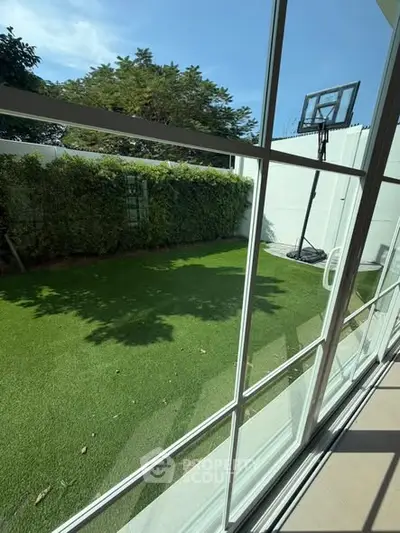 Charming backyard view with lush green lawn and basketball hoop, perfect for outdoor activities.