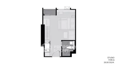 Studio apartment floor plan with efficient layout and modern design, 28 square meters.