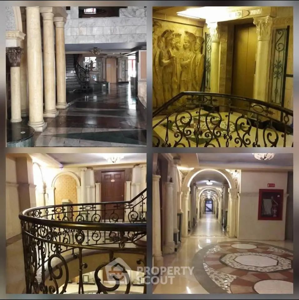 Luxurious building interior with ornate columns and elegant corridors