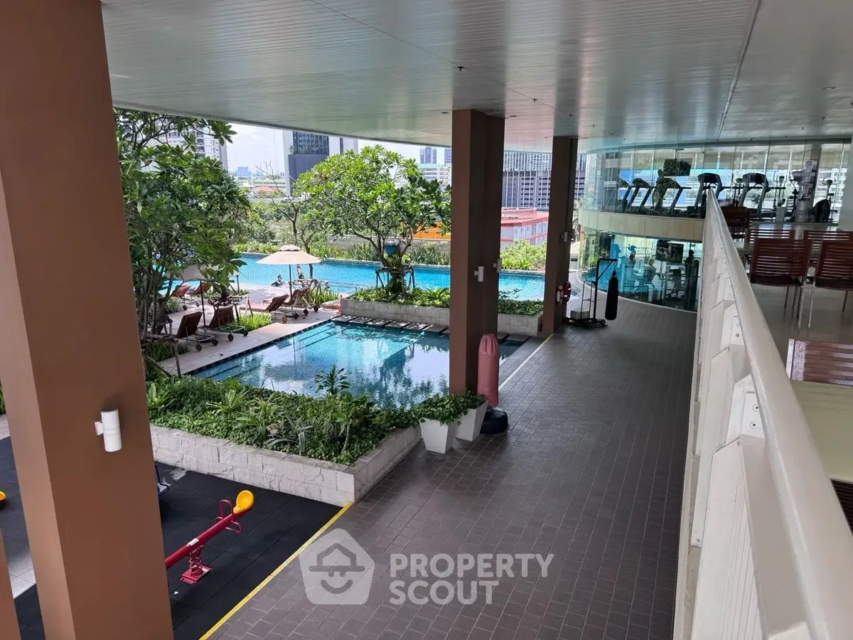 Luxurious poolside gym with city view, perfect for fitness enthusiasts seeking modern amenities.