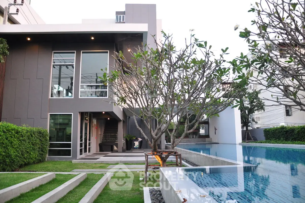 Modern luxury home with sleek architecture and stunning poolside view