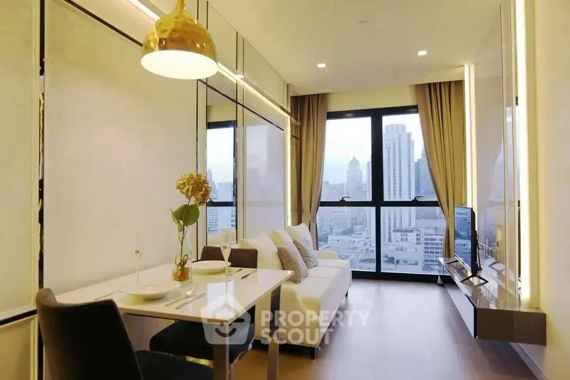 Luxurious modern living room with city view, elegant decor, and stylish furniture in high-rise apartment.