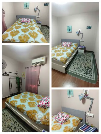 Cozy bedroom with floral bedding, air conditioning, and modern decor in a well-lit space.