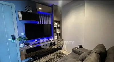 Modern living room with sleek entertainment center and cozy seating